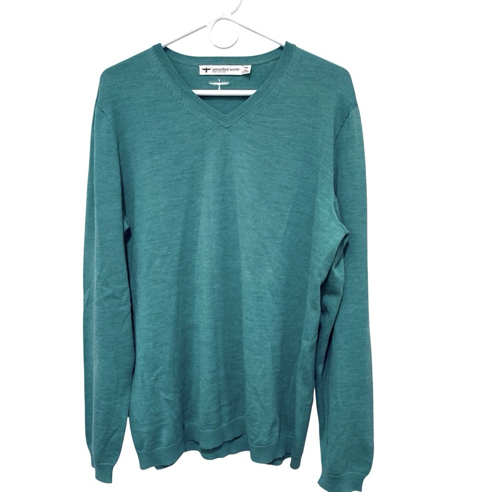 Untouched World Aqua New Zealand Wool V Neck Sweater L  Sustainable Preppy
